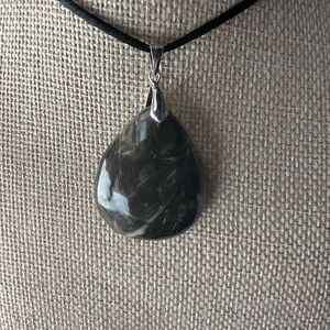 Unique Black Jasper/Black Feather Agate Teardrop Pendant on Satin Rope